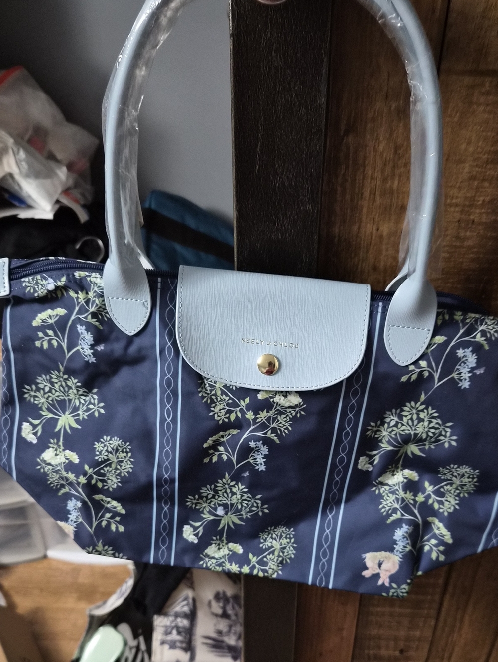 Navy Floral Tote with Light Blue Trim - Women’s Everyday Shoulder Bag